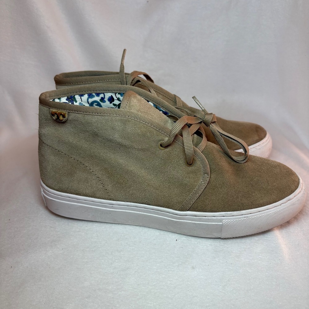 Tory Burch Womens 7M Tan Suede Chukka High Top Sneakers Floral Lining